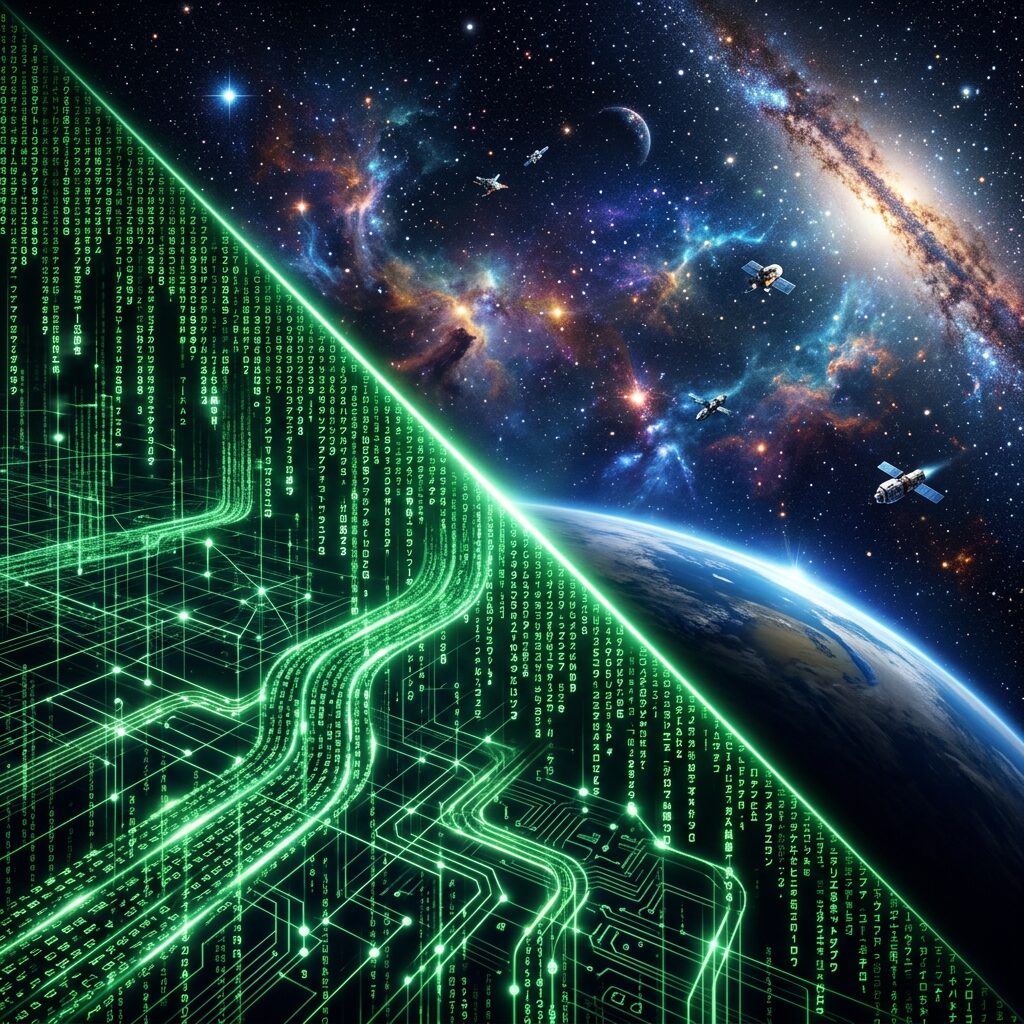 Combination of space scene with Earth and satellites alongside green digital data streams and circuit patterns